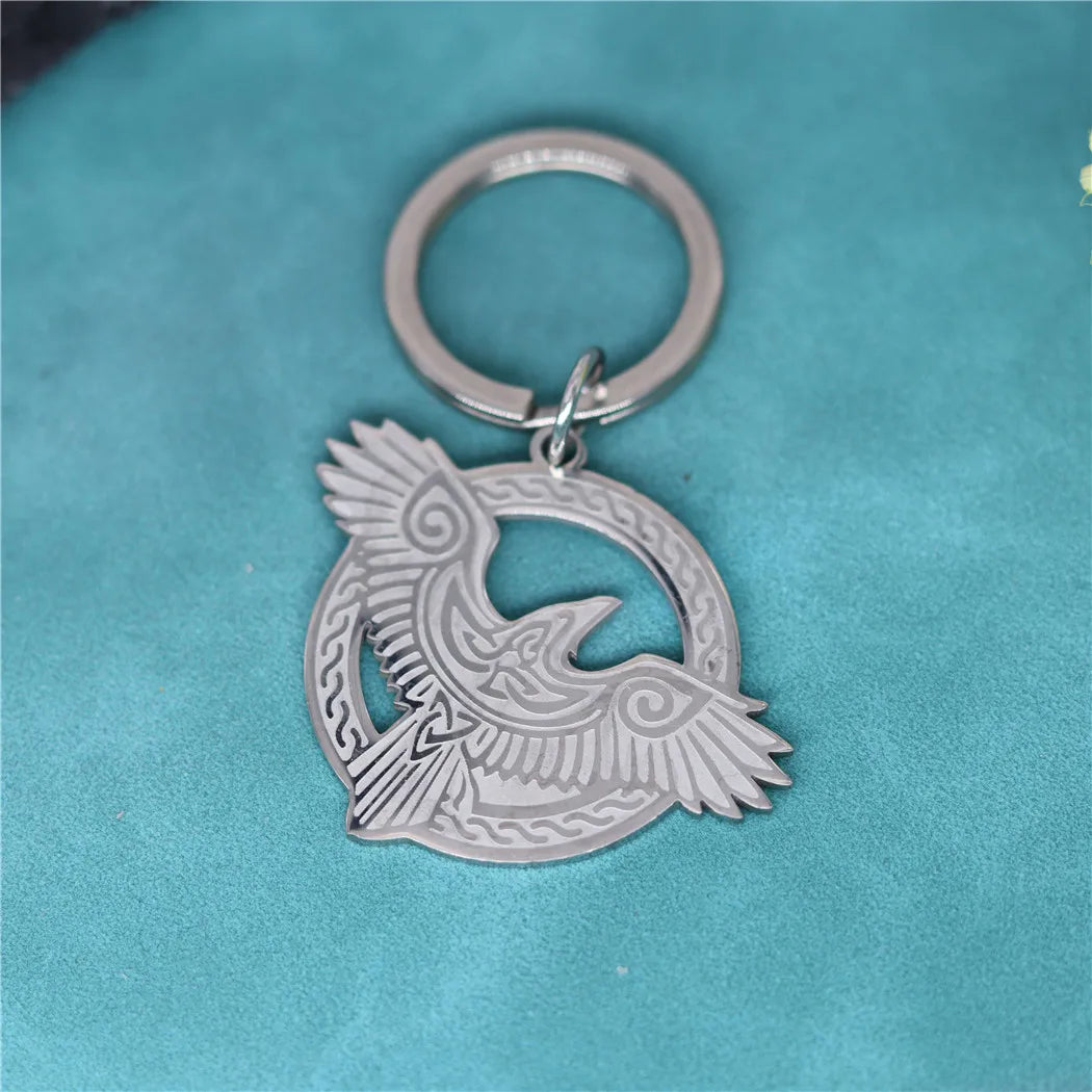 Nedar Norse Viking Key Chain Raven Magpie Crow Bird Eagle Keyring Amulet Stainless Steel Pendant Keychain Halloween Gift Jewelry
