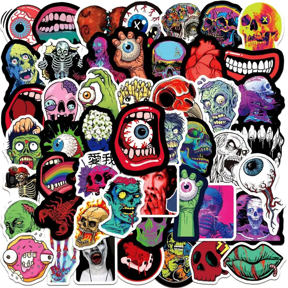50pcs Horror Skull Ghost Stickers Notebook Fridge Guitar Laptop Car Bike Halloween Home Decal Zombie Monster Sticker Waterproof