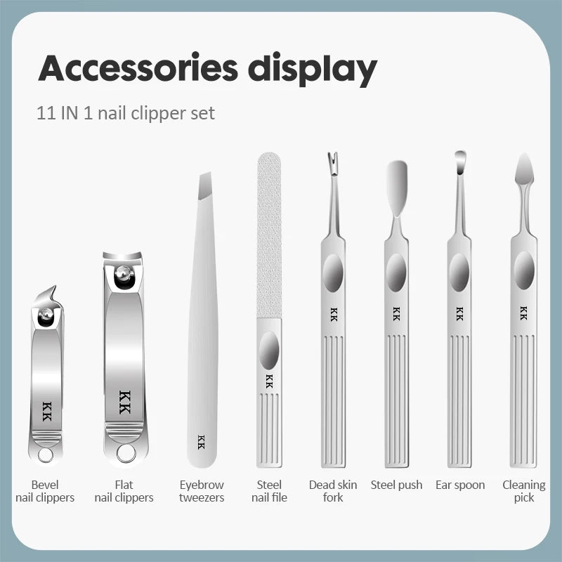 KK 11 in 1 Manicure Tools Professional Nail Clippers Set Stainless Steel Nail Cutter Pliers Scissors Kit Foot Care Hand Care