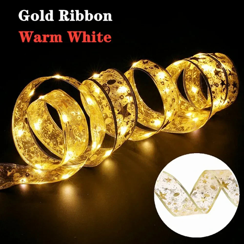 1/2/5/10M Christmas Tree Ribbon Fairy Lights, Indoor DIY Bows String Light Battery Powered for Christmas Tree New Year Decor