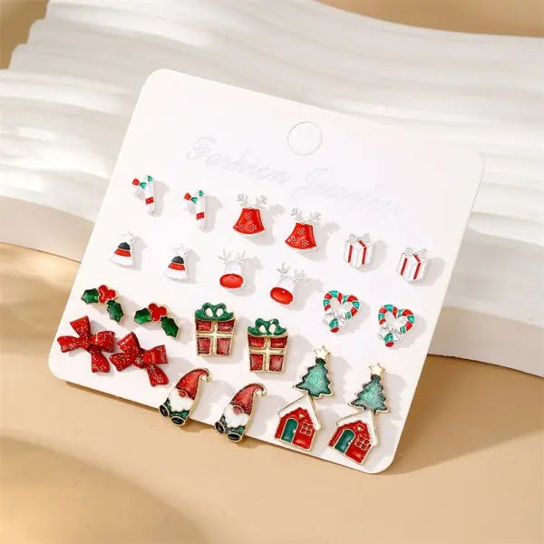 12/20 Pair Christmas Earring Set For Women Shiny Crystal Zircon Snowflake Elk Bowknot Elk Xmas Tree Earring Girl New Year Gifts