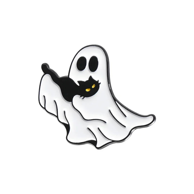 Cartoon Sunglasses Ghost Collected Enamel Pin Funny Spooky Boo With Black Cat Brooch Clothes Lapel Badge Halloween Jewelry Gifts