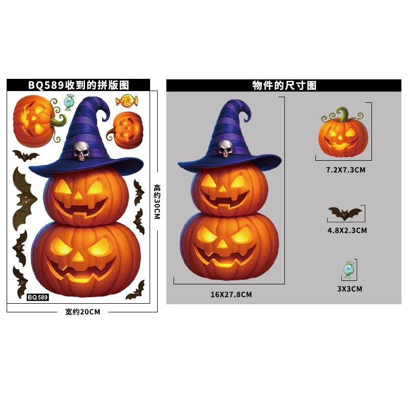 Halloween Pumpkin Window Stickers Cartoon Candy Jack-o'-lantern Static Sticker Black Cat Ghost Festival Happy Halloween Day 2025