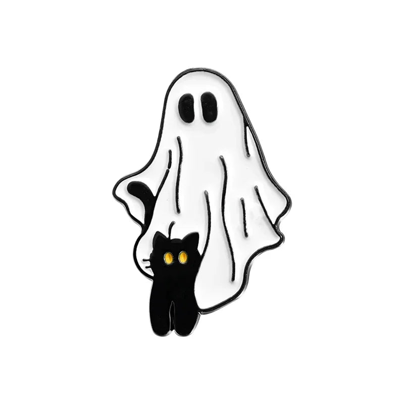 Cartoon Sunglasses Ghost Collected Enamel Pin Funny Spooky Boo With Black Cat Brooch Clothes Lapel Badge Halloween Jewelry Gifts
