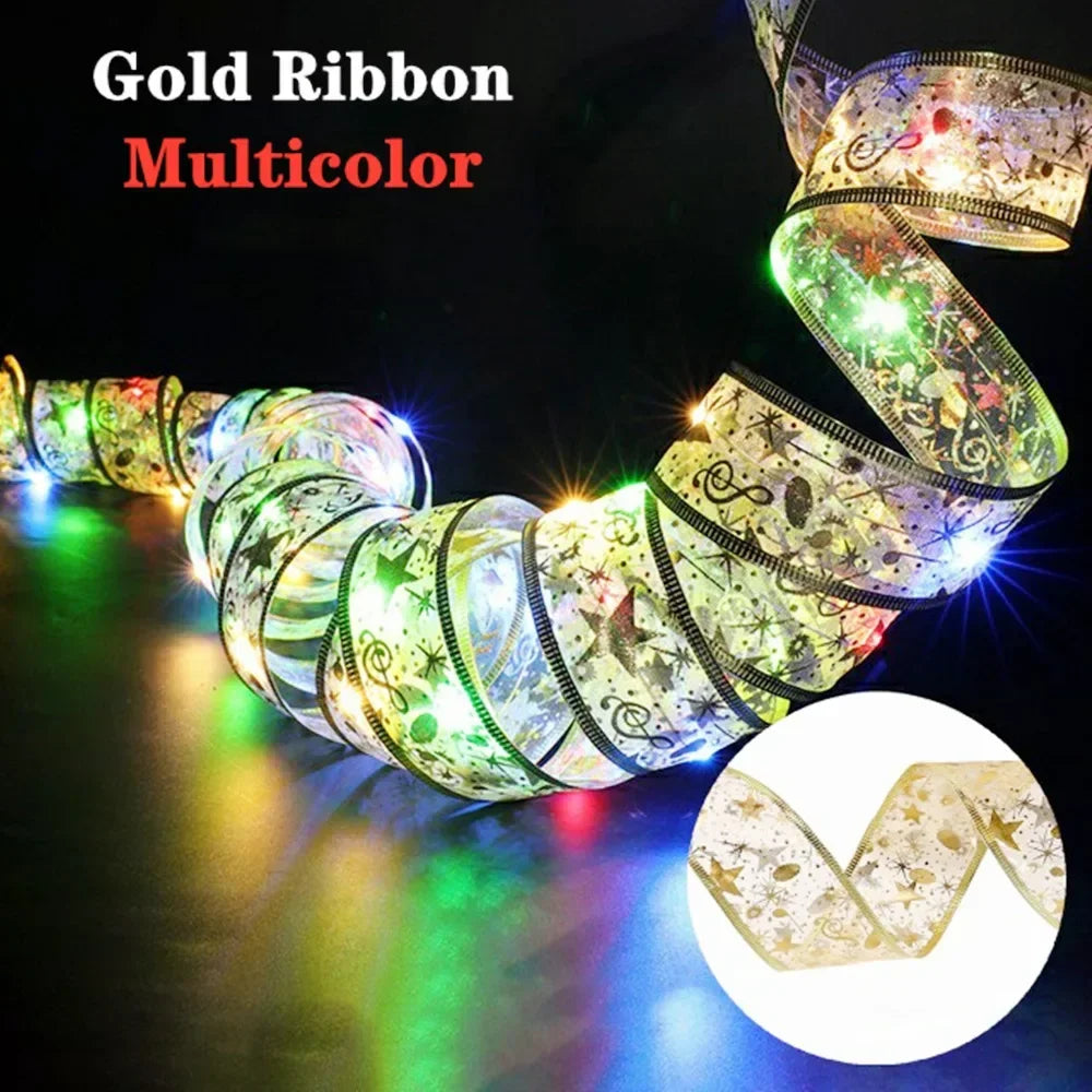 1/2/5/10M Christmas Tree Ribbon Fairy Lights, Indoor DIY Bows String Light Battery Powered for Christmas Tree New Year Decor
