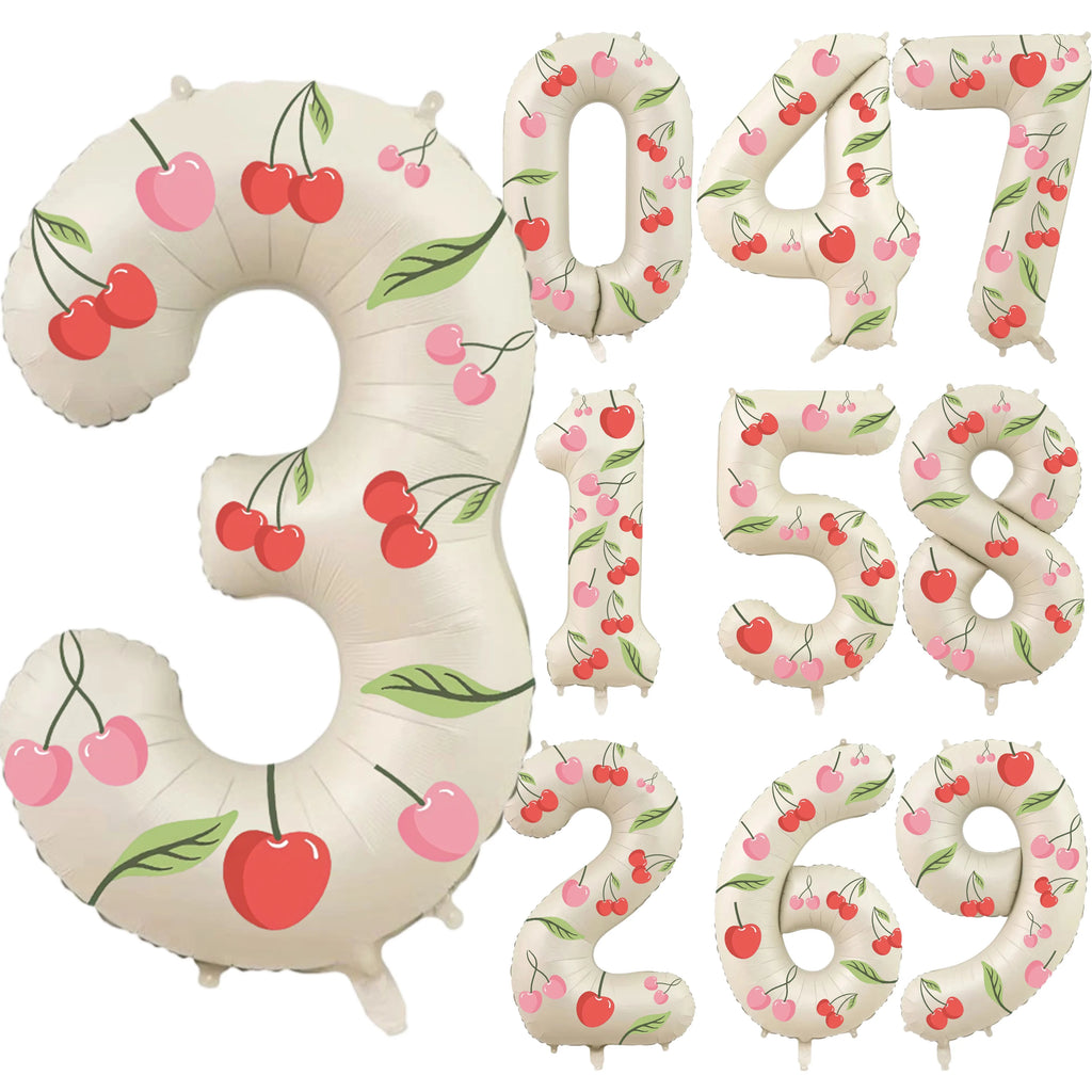 32in Foil Number Balloons with Cherry Stickers, 0-9 for Wedding Birthday Party Home Decor, Graduation/Halloween/Bachelorette