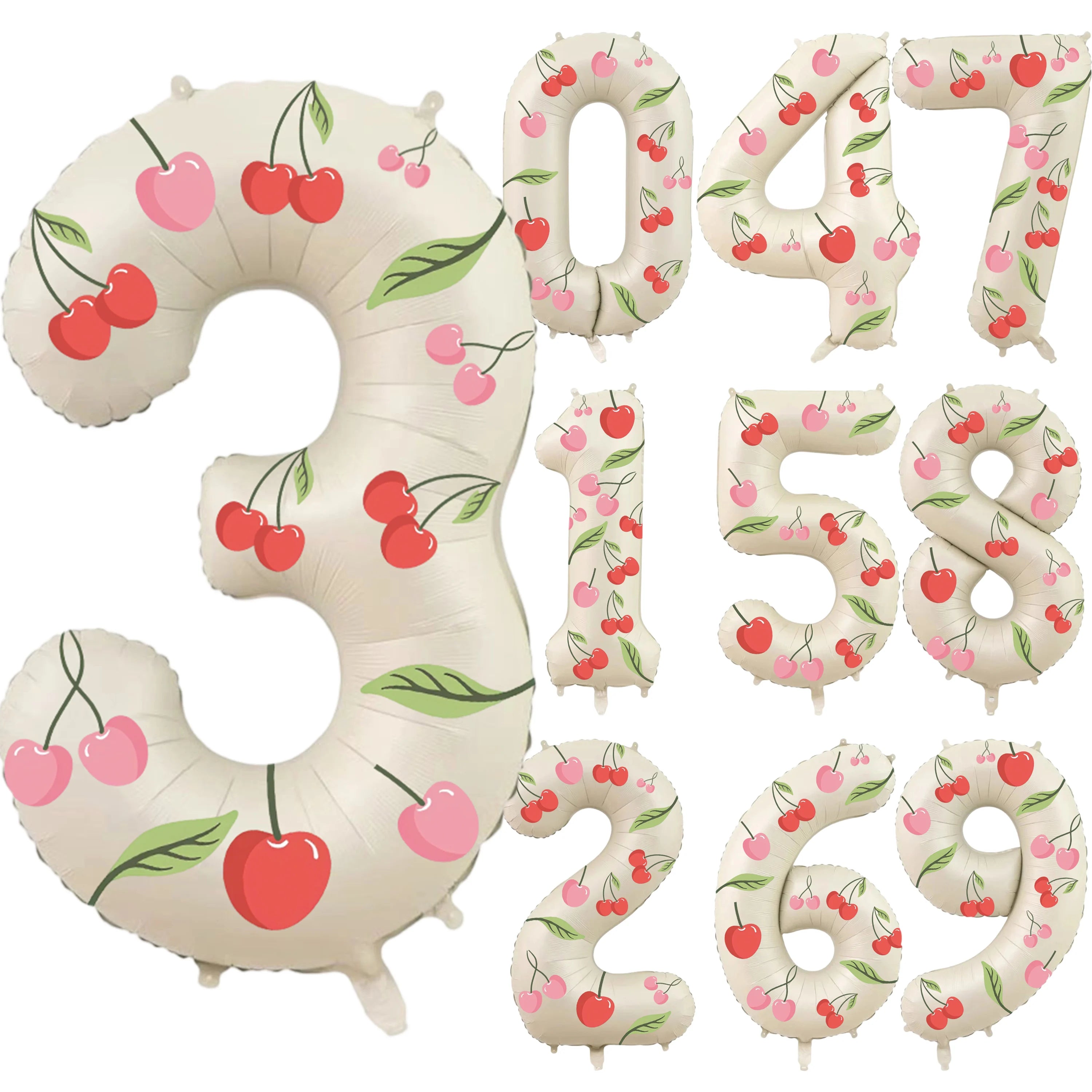 32in Foil Number Balloons with Cherry Stickers, 0-9 for Wedding Birthday Party Home Decor, Graduation/Halloween/Bachelorette