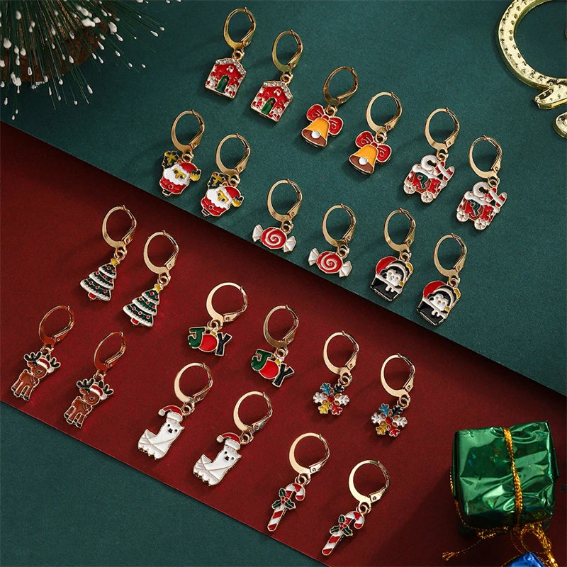 12/20 Pair Christmas Earring Set For Women Shiny Crystal Zircon Snowflake Elk Bowknot Elk Xmas Tree Earring Girl New Year Gifts