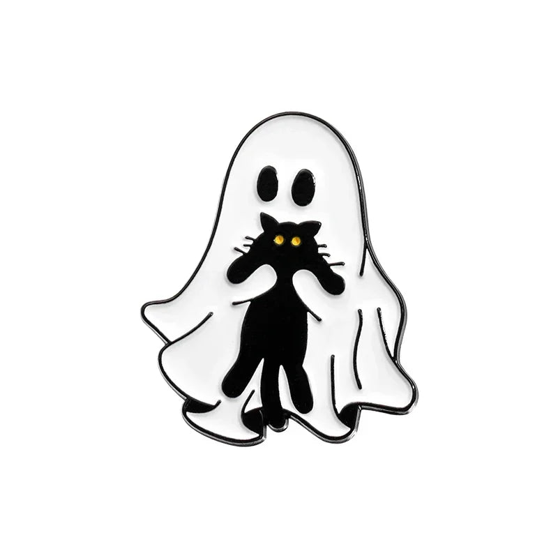 Cartoon Sunglasses Ghost Collected Enamel Pin Funny Spooky Boo With Black Cat Brooch Clothes Lapel Badge Halloween Jewelry Gifts