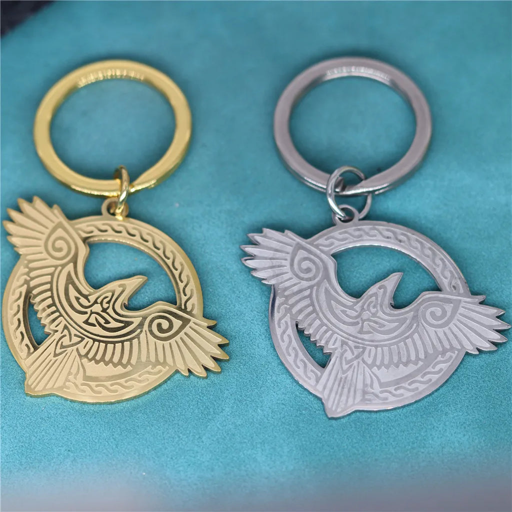 Nedar Norse Viking Key Chain Raven Magpie Crow Bird Eagle Keyring Amulet Stainless Steel Pendant Keychain Halloween Gift Jewelry