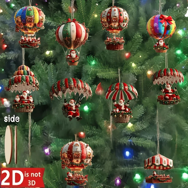 10Pcs Christmas Wooden Hot Air Balloon Santa Claus 2D Flat Wooden Pendant Christmas Tree Decoration Perfect Holiday Gift Decor