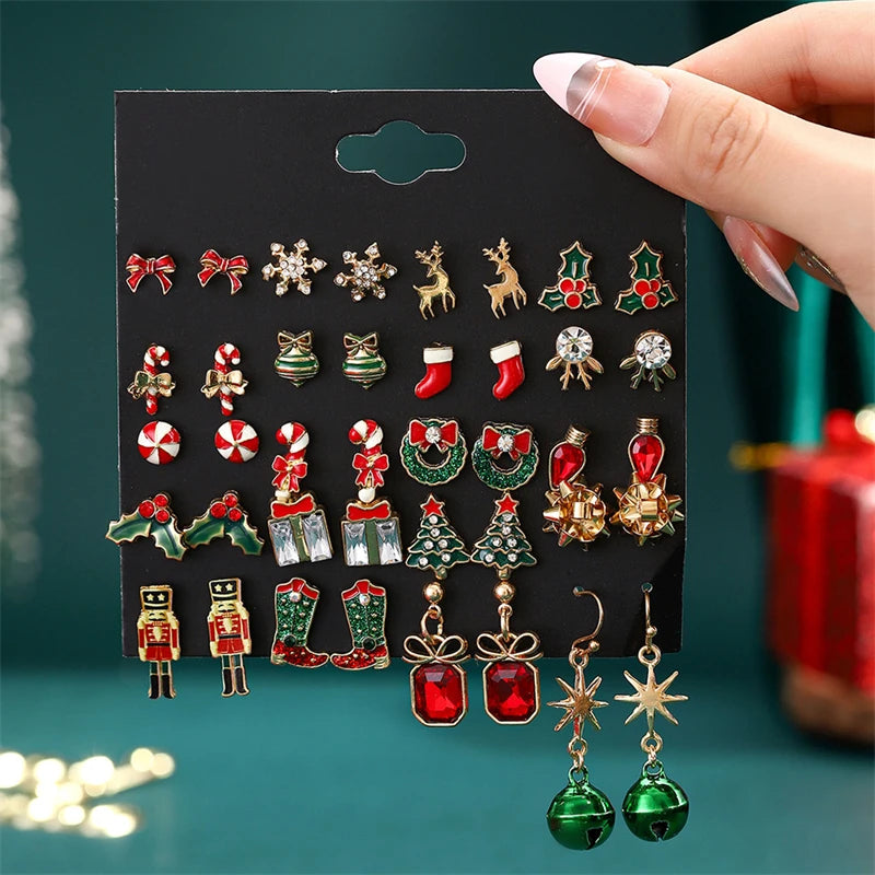 12/20 Pair Christmas Earring Set For Women Shiny Crystal Zircon Snowflake Elk Bowknot Elk Xmas Tree Earring Girl New Year Gifts