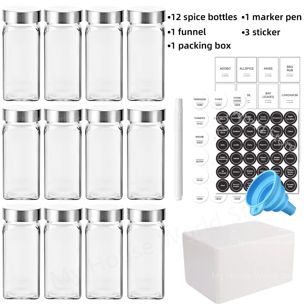 Glass Spice Jars with Stainless steel Spice Seasoning Containers Salt Pepper Shakers Spice Organizer Biodegradable Spice Jar Set