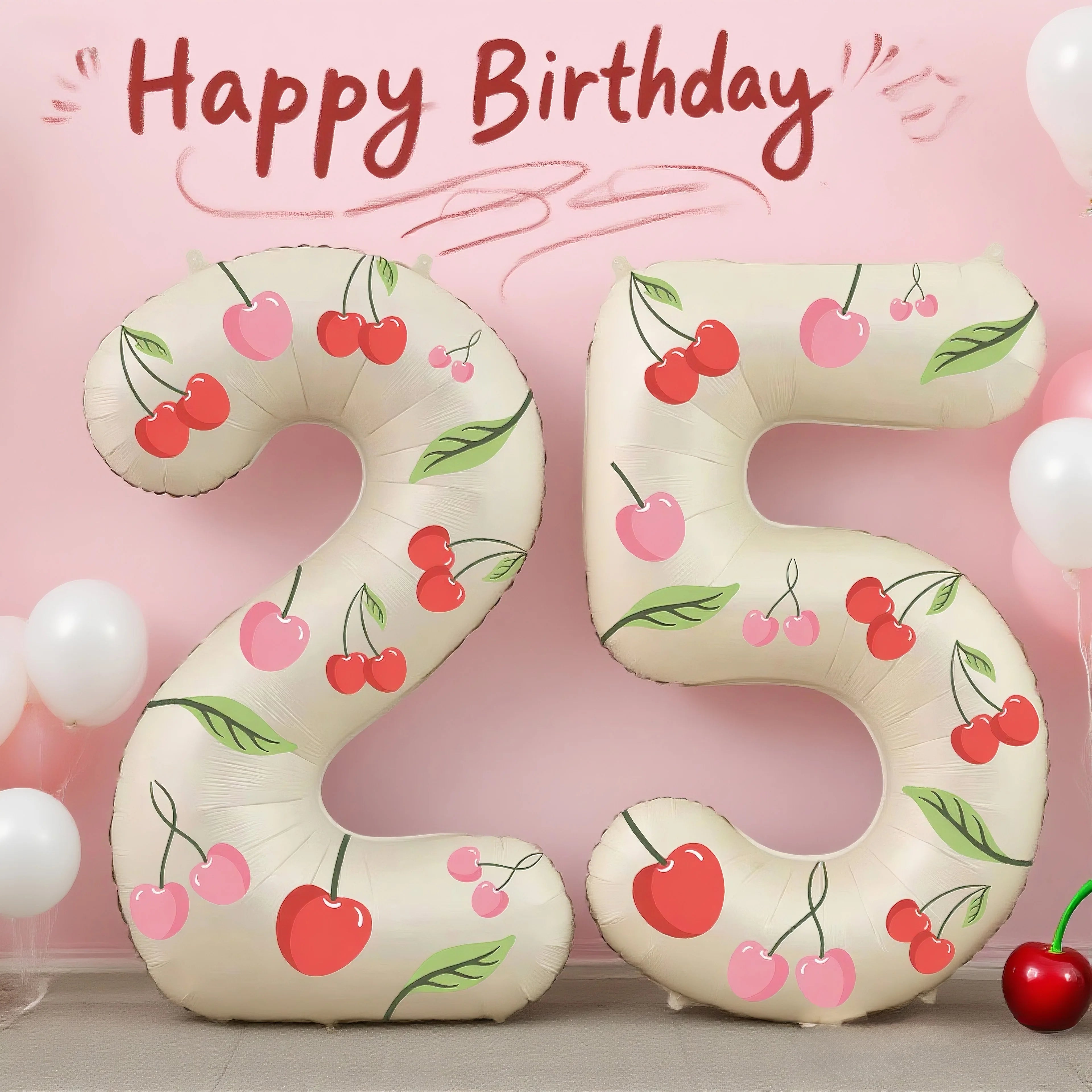 32in Foil Number Balloons with Cherry Stickers, 0-9 for Wedding Birthday Party Home Decor, Graduation/Halloween/Bachelorette