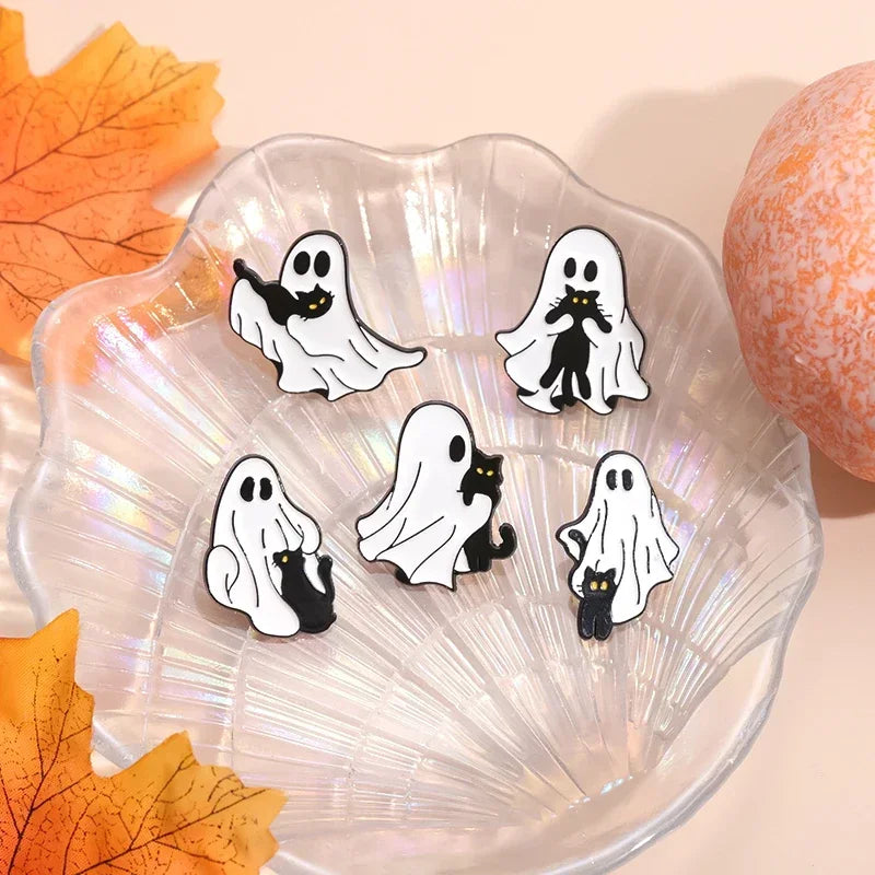 Cartoon Sunglasses Ghost Collected Enamel Pin Funny Spooky Boo With Black Cat Brooch Clothes Lapel Badge Halloween Jewelry Gifts