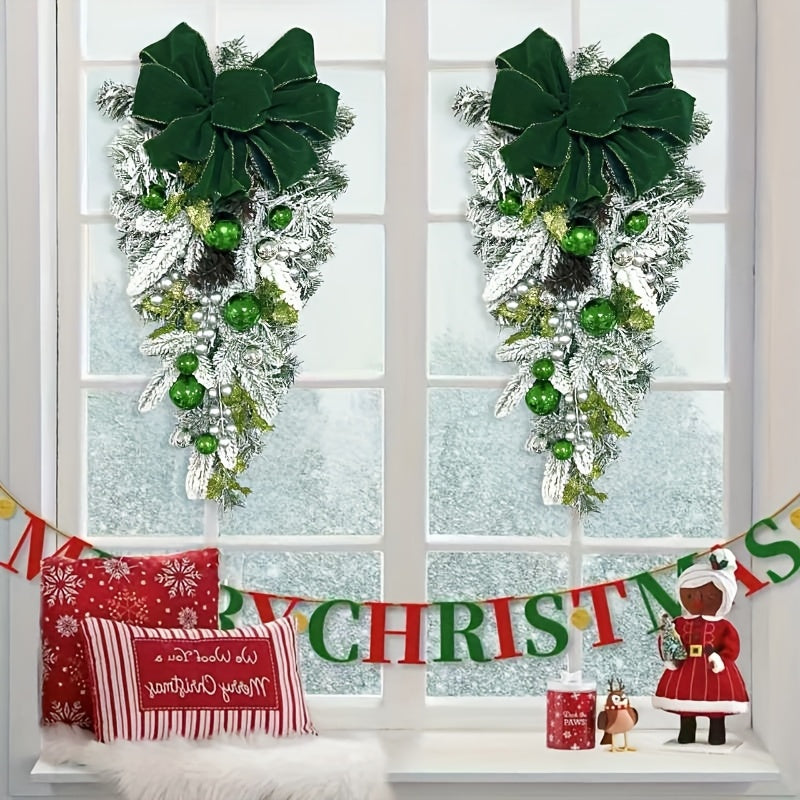 Christmas Flocked Hanging Wreath, Nordic Style in Red/Golden/Green/Blue, 60cm/23.62inch Bow Staircase Garland, Perfect Holiday Home Decor, Front Door Window Hanging Decoration, Feather-Free No Electricity Needed, 1pc/2pcs/3pc