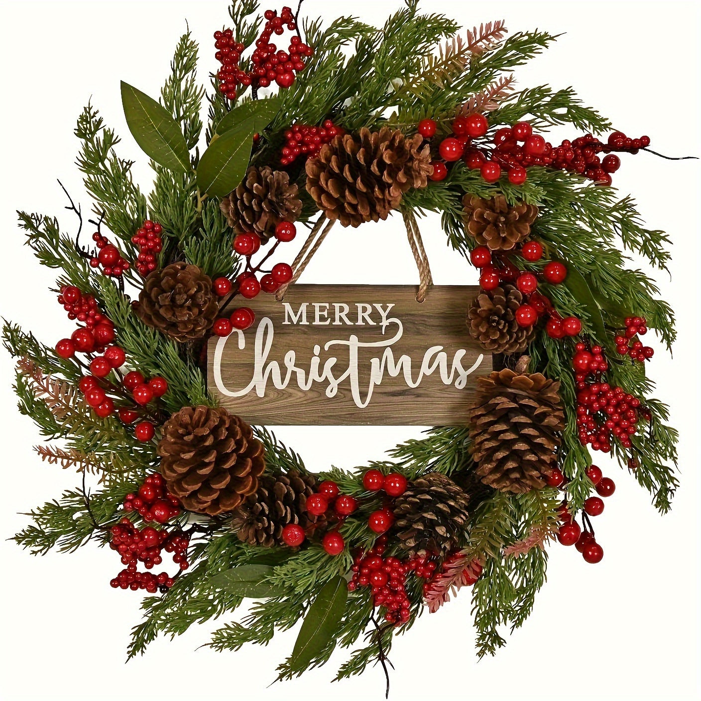 20-Inch Classic Christmas Wreath with Artificial Pinecones & Berries - "Merry Christmas" Festive Door Decor for Indoor/Outdoor Holiday Celebrations, Wall & Table Decoration, Holiday Decorations,halloween
