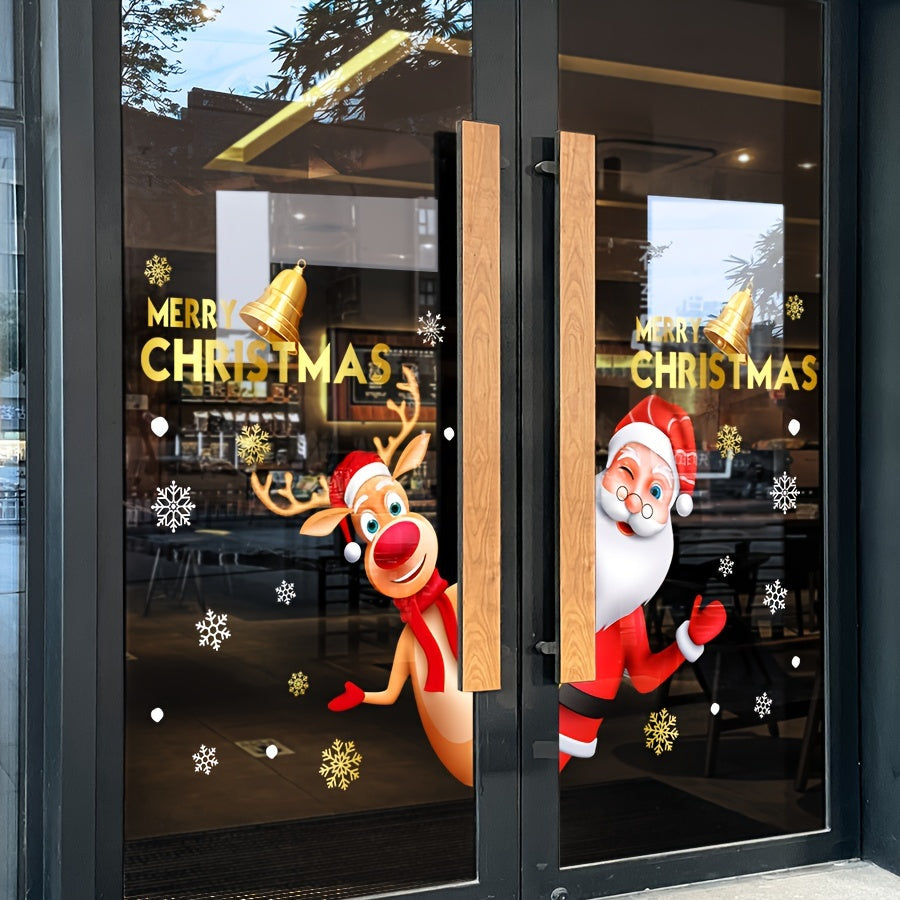 [Christmas Window Stickers] 2pcs Festive Christmas Reindeer & Santa Claus Window Stickers - 45cm x 60cm, Static Cling, Reusable PVC, Semi-Matte Finish, Ideal for Home, Store, Supermarket, Company, School Party Decorations, Ch