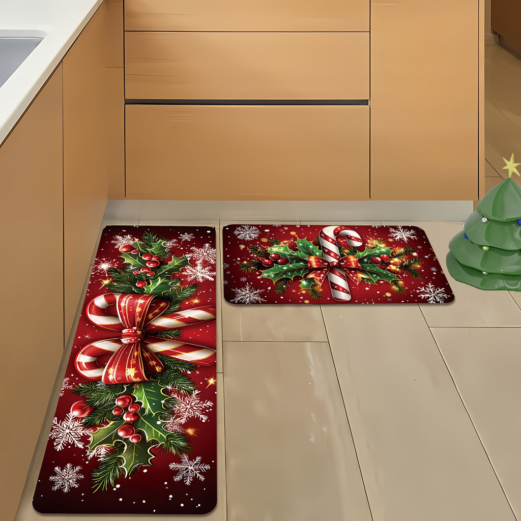 2/3pcs Merry Christmas Winter Decor Candy Canes Holly Snowflake Kitchen Mat Set, Luxury Holiday Red Green Memory Foam Mat for Easy Cleaning - Festive Home Gift