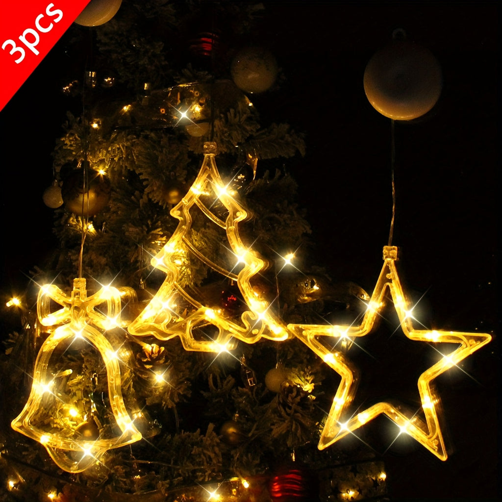 3Pcs, Window Decor Suction Cup LED Christmas Lights, Battery Operated, String Lights, Christmas Decorations, Curtain Lights, Party Packs, New Year, Winter, Spring, Ramadan, Event Party Supplies(Batteries not included)