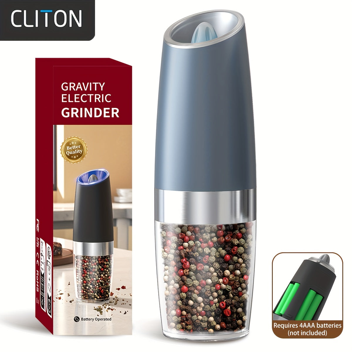 1pc/2pcss Electric Salt And Pepper Grinder, Automatic Pepper Mill, Salt And Pepper Grinder Electric 2pcs, Tilted Automatic Grind With LED Light, Battery Powered, Adjustable Coarseness, Easy To Clean, One-Hand Operation, Kitch