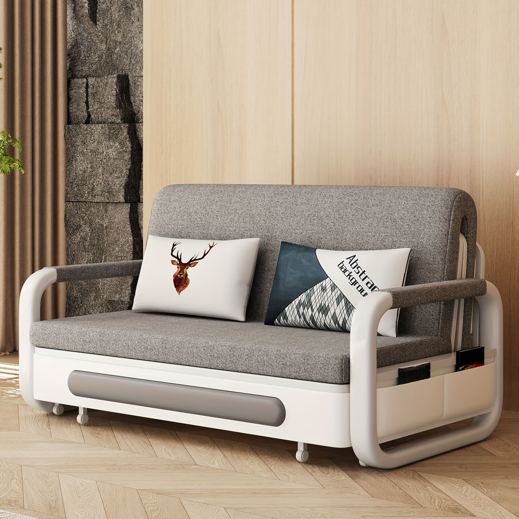 3-in-1 Multifunctional Sofa Bed with Wooden Storage Cabinet, Retractable Double Sofa Bed for Home Use, Space-Saving for Small Apartments, Straight-Line Light Grey Linen Fabric Cushioned Sofa Bed, Suitable for Living Room Or B