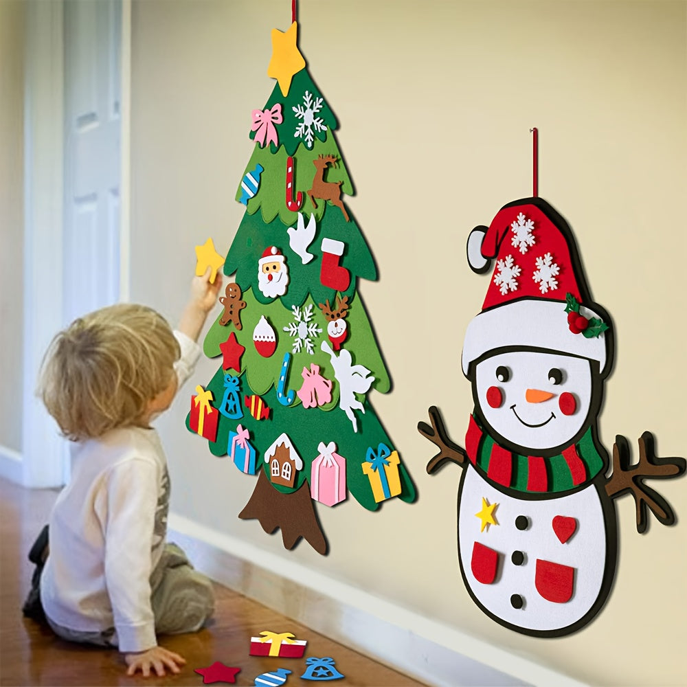 DIY Felt Christmas Tree Set with Ornaments & Snowman Advent Calendar, All-in-One Felt Craft Kit with Pre-Cut Pieces, Easy Assembly for Kids & Toddlers, Green Tree Base with Red/White Striped Snowman, Colorful Ornaments Hearts