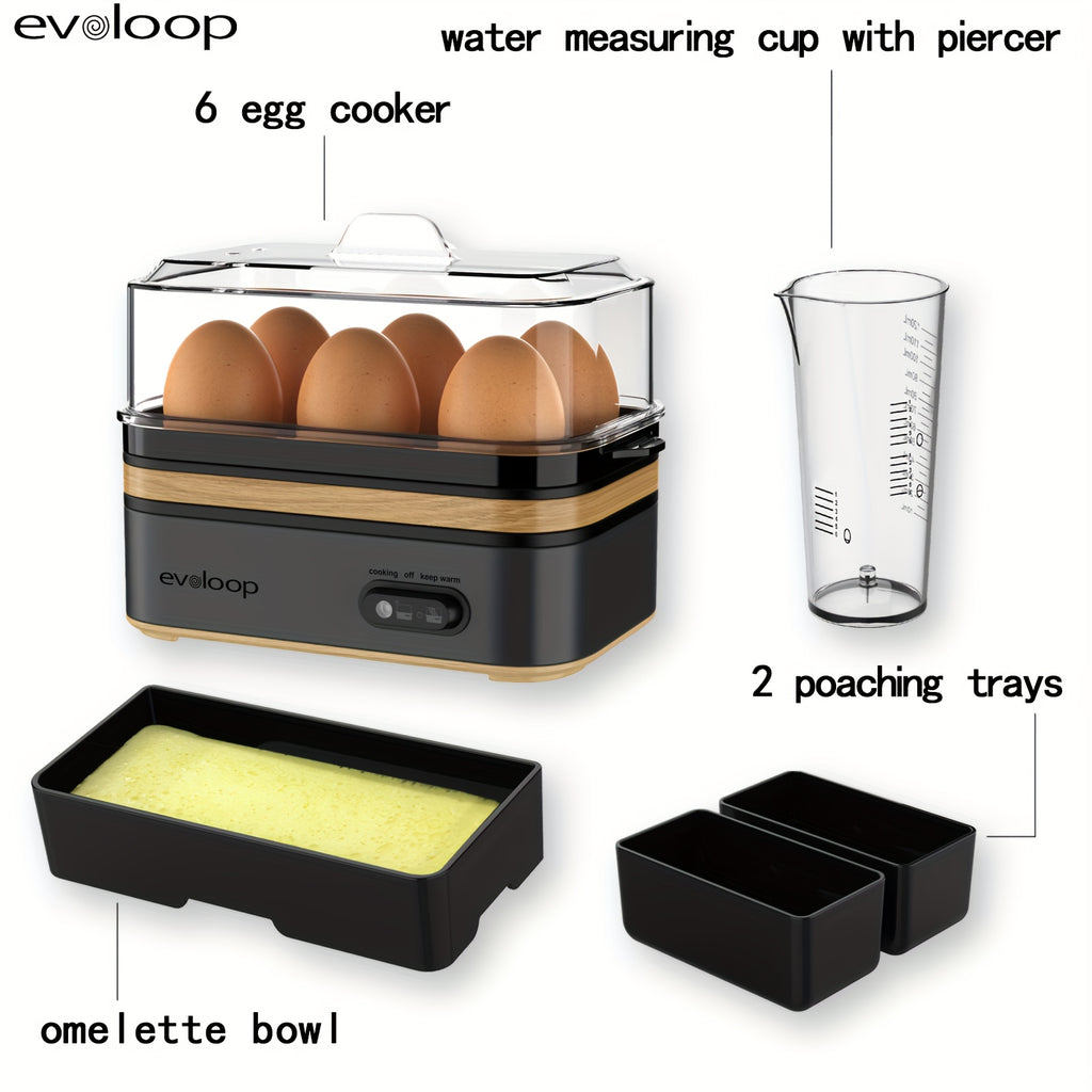 Evoloop Rapid Egg Cooker - 6-Egg Capacity, BPA-Free Stainless Steel with Clear Tritan Lid, 400W Electric Egg Cooker for Hard Boiled, Poached, Scrambled, or Omelette, Includes Measurement Cup & 2 Poaching Trays, Auto Shut Off,