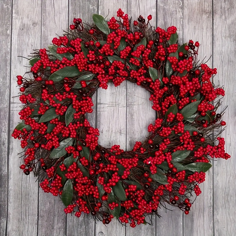 1pc Large Artificial Holly Berry Wreath with Realistic Red Berries & Green Leaves - Oversized Round Door Wall Hanging for Christmas, Hanukkah, Easter, Thanksgiving - /Outdoor Plastic Faux Holly Wreath for Mantel, Porch,