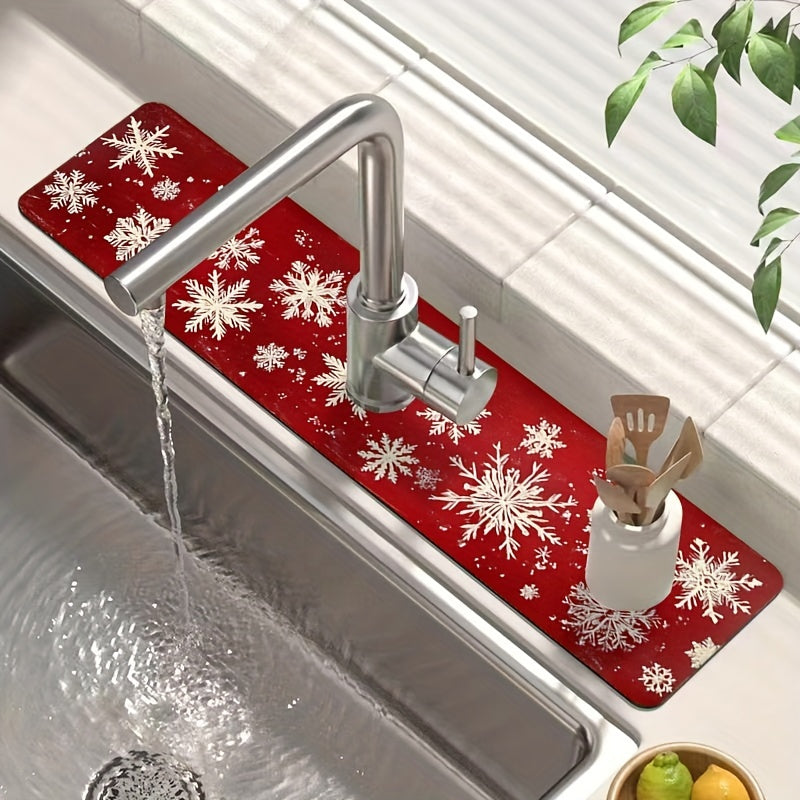 [1PC Christmas Snowflake Mat] Christmas Snowflake Red Dish Drying Mat - 1PC Moisture-Wicking Polyester Kitchen Faucet Pad, Durable and Absorbent Sink Surround Cover for Holiday Decor, Ideal for Home and Gift Use