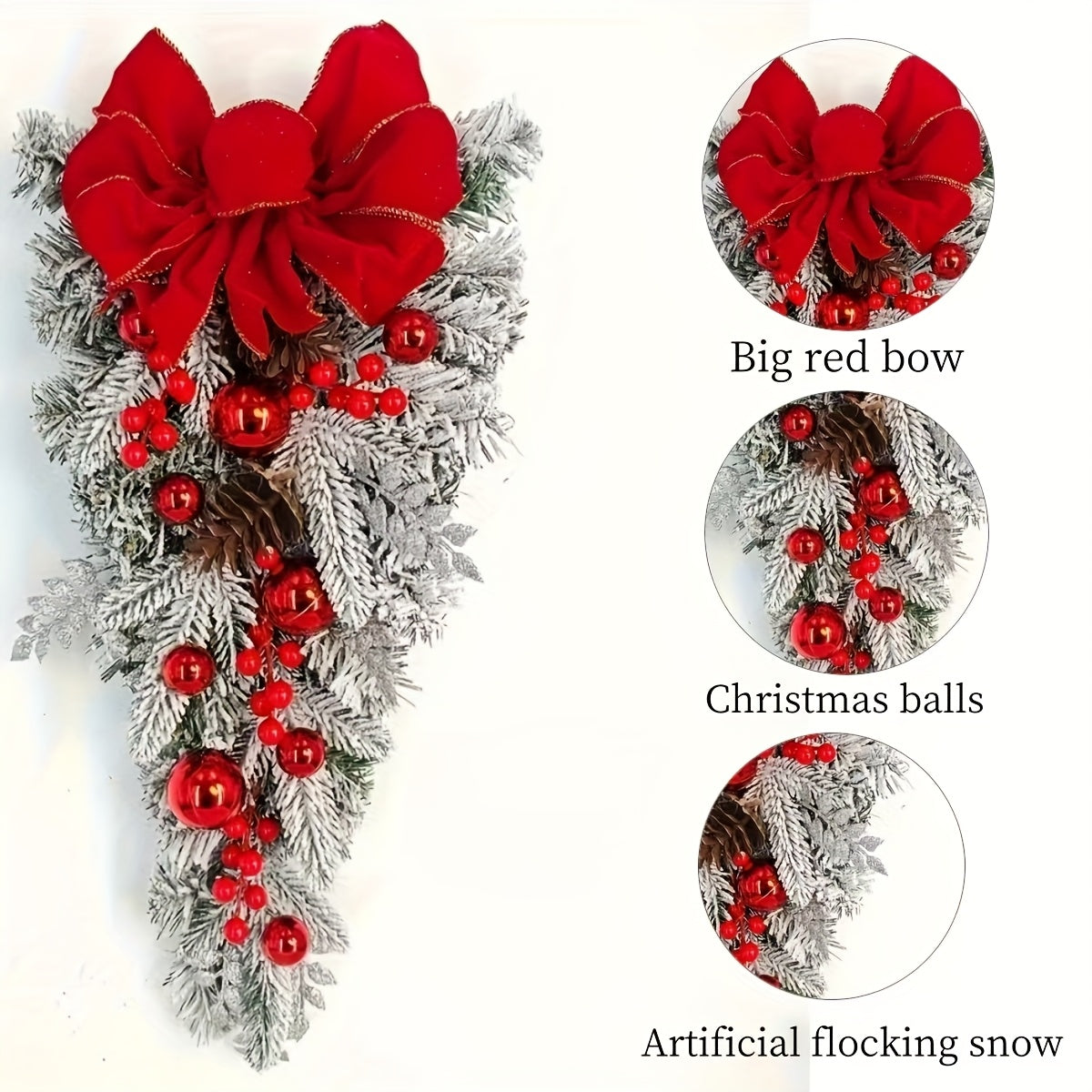 Christmas Flocked Hanging Wreath, Nordic Style in Red/Golden/Green/Blue, 60cm/23.62inch Bow Staircase Garland, Perfect Holiday Home Decor, Front Door Window Hanging Decoration, Feather-Free No Electricity Needed, 1pc/2pcs/3pc