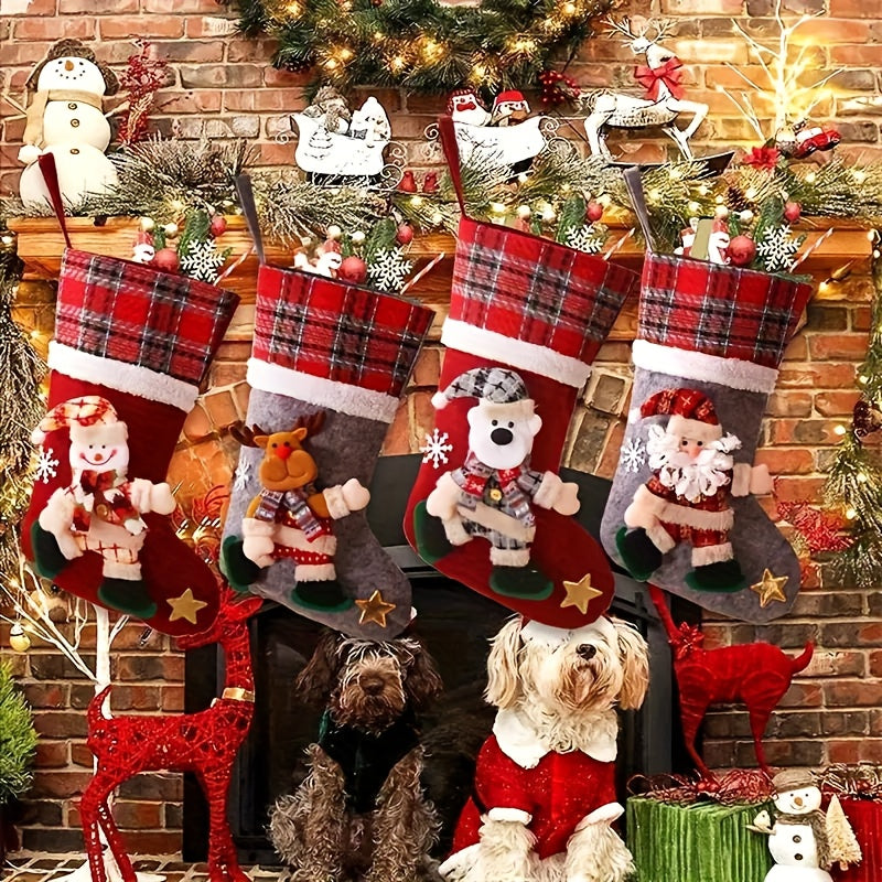 4pcs Christmas Gift Bags, Sock Gift Bags, Christmas Gift Socks, Christmas Decorations, Home Fireplace Tree Decorative Gift Bags, Snowflakes, Santa Claus, Christmas Snowman, Reindeer, Bear, Decorative Socks and More Christmas