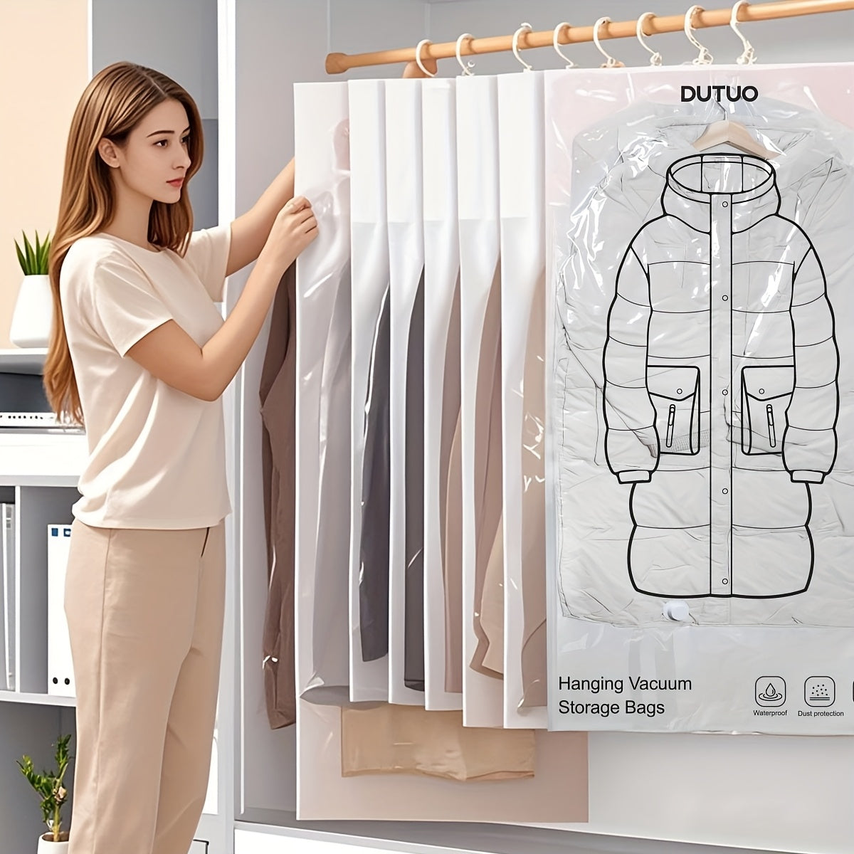 8-Pack Hanging Vacuum Storage Sealer Bags, Space Saving, for Clothes, Suits And Jackets, Wardrobe Organizer Bags, Travel, 8pcs Set (4 Long Bags, 4 Short Bags), White And Transparent