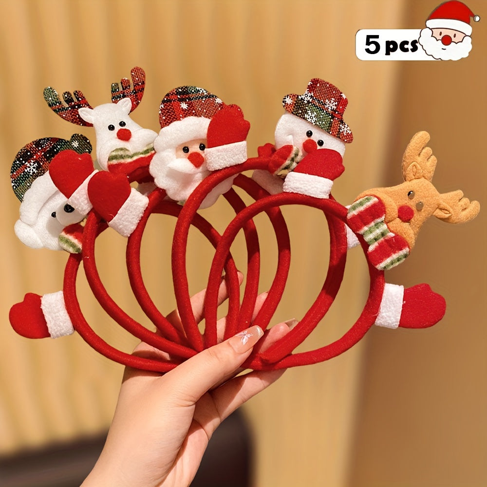 5pcs Festive Christmas Headbands with Santa, Reindeer & Snowman Charms - Soft Polyester Hair Accessories for Women, Perfect Holiday Gift for Teens & Adults, Festive Headwear | Playful Design | Durable Headbands, Christmas Acc