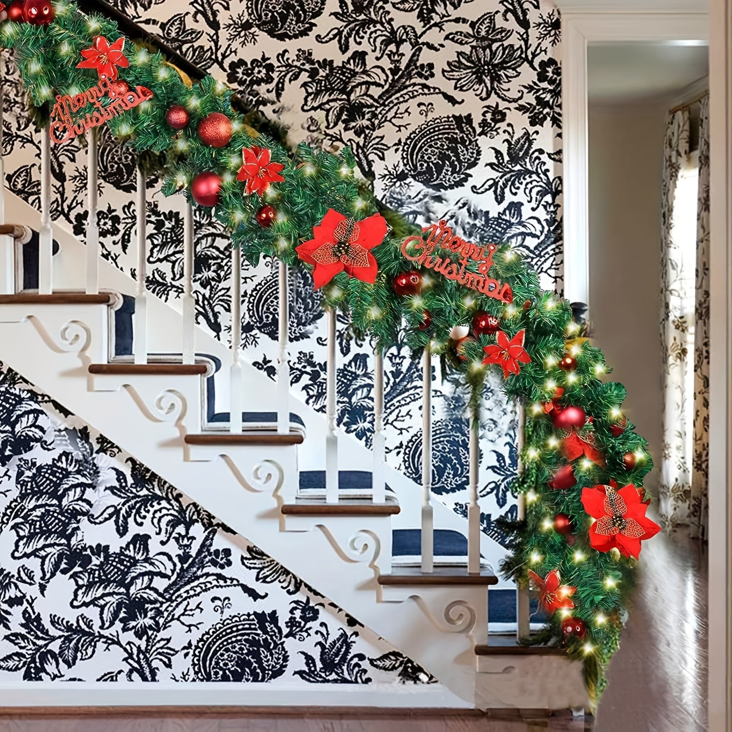 Classic Artificial Christmas Garland with Red Poinsettias & Berries - Outdoor/Indoor Plastic Holiday Decor, No Electricity Needed, DIY Home & Store Decoration, Christmas Decorations, Festive Wreath Crafting, Halloween Decorat