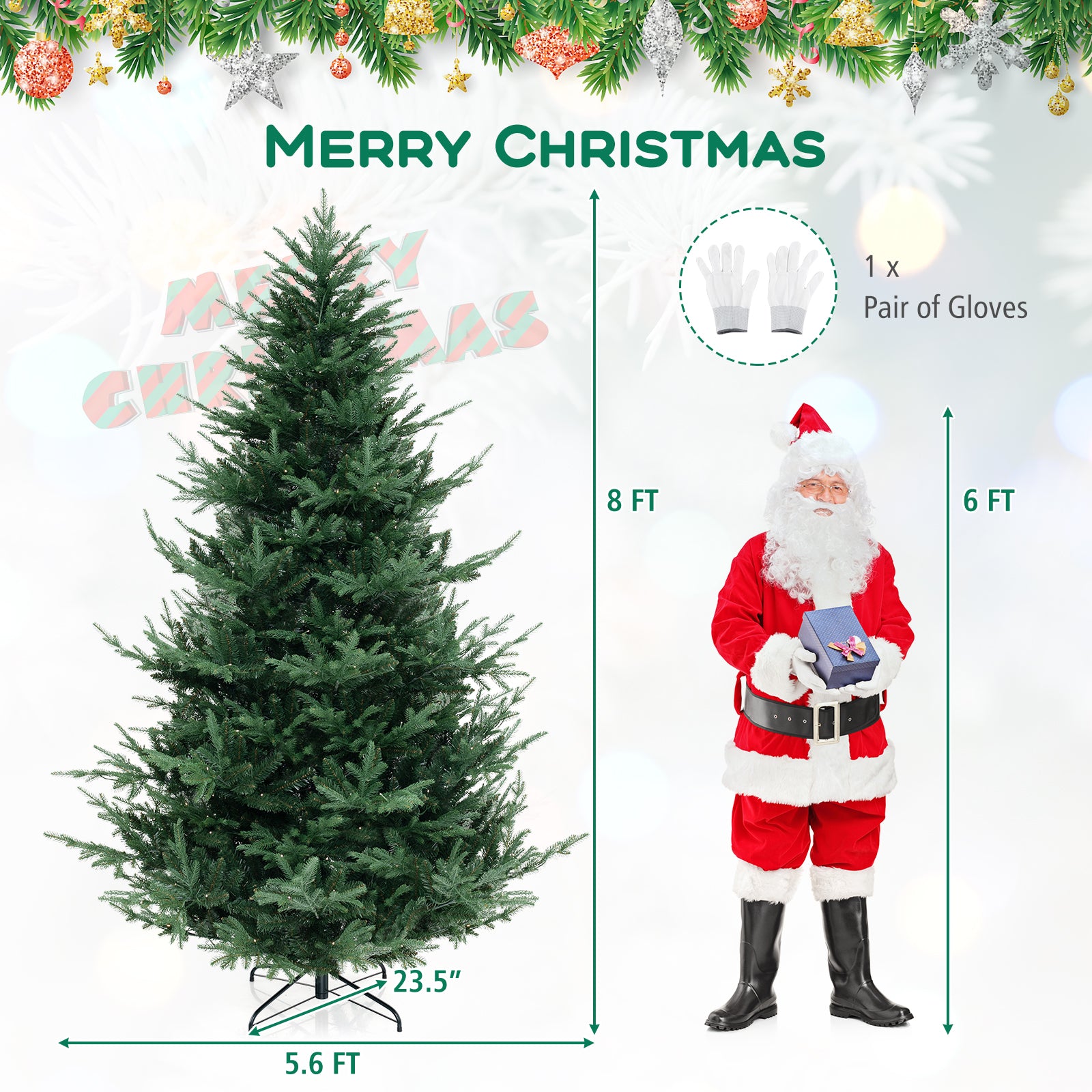 COSTWAY 6/7/8 FT Pre-Lit Artificial Tree, Hinged Xmas Tree w/ 778/1090/1480 PVC & PE Branch Tips, 240/340/450 Warm White LED Lights, 8 Modes, Foldable Metal Stand, Holiday Full Tree Seasonal Home Office Party Decoration