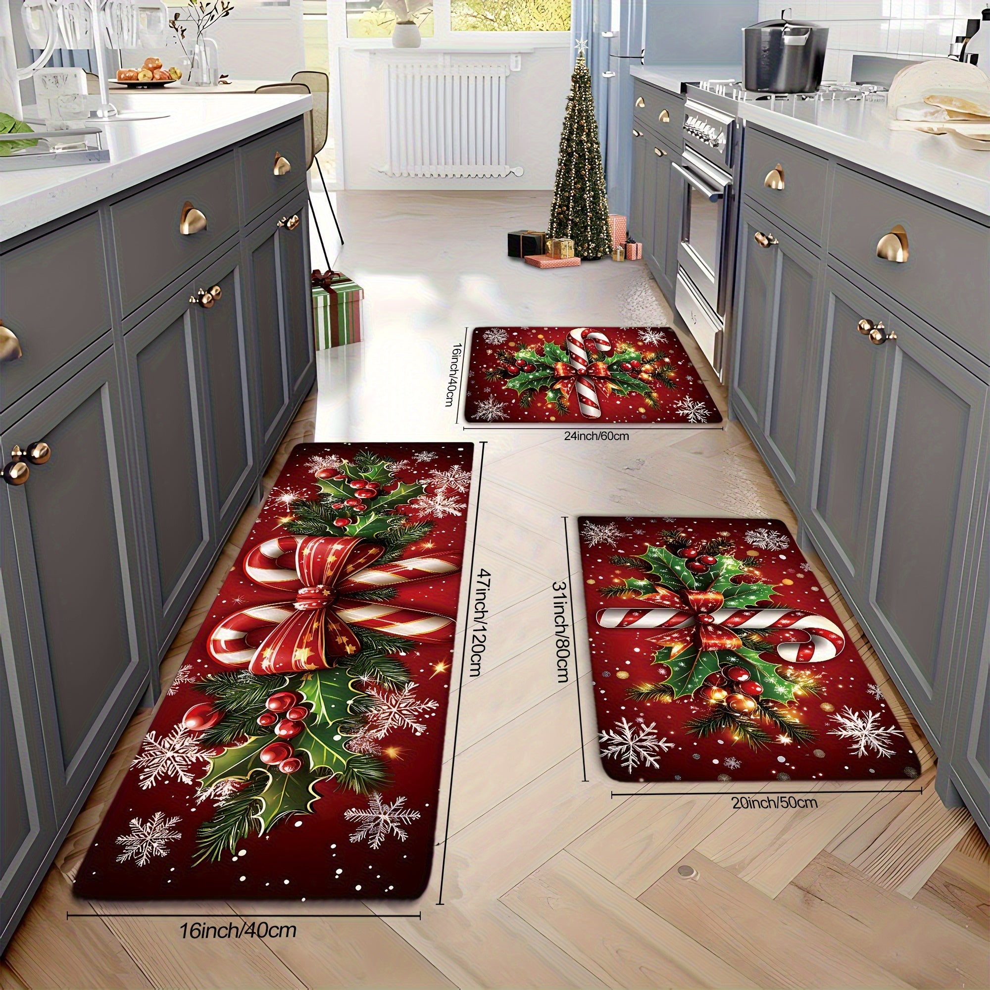 2/3pcs Merry Christmas Winter Decor Candy Canes Holly Snowflake Kitchen Mat Set, Luxury Holiday Red Green Memory Foam Mat for Easy Cleaning - Festive Home Gift