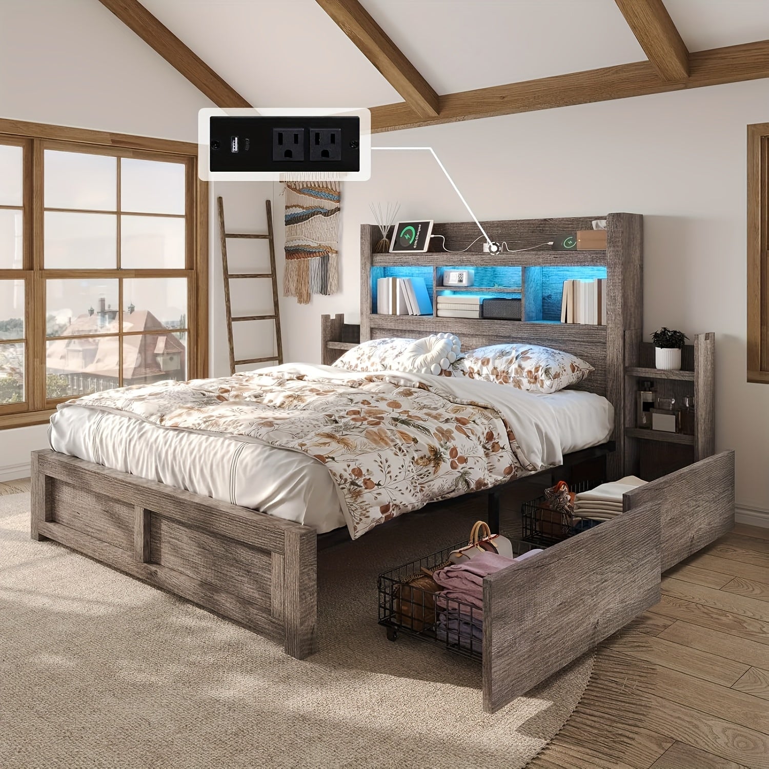 Farmhouse Wooden Bed Frame With 4 Storage Drawers, LED Bed Frame With 49" Tall Bookcase Headboard, Wood Platform Bed With Charging Station & 2 Slide Bedside Shelf