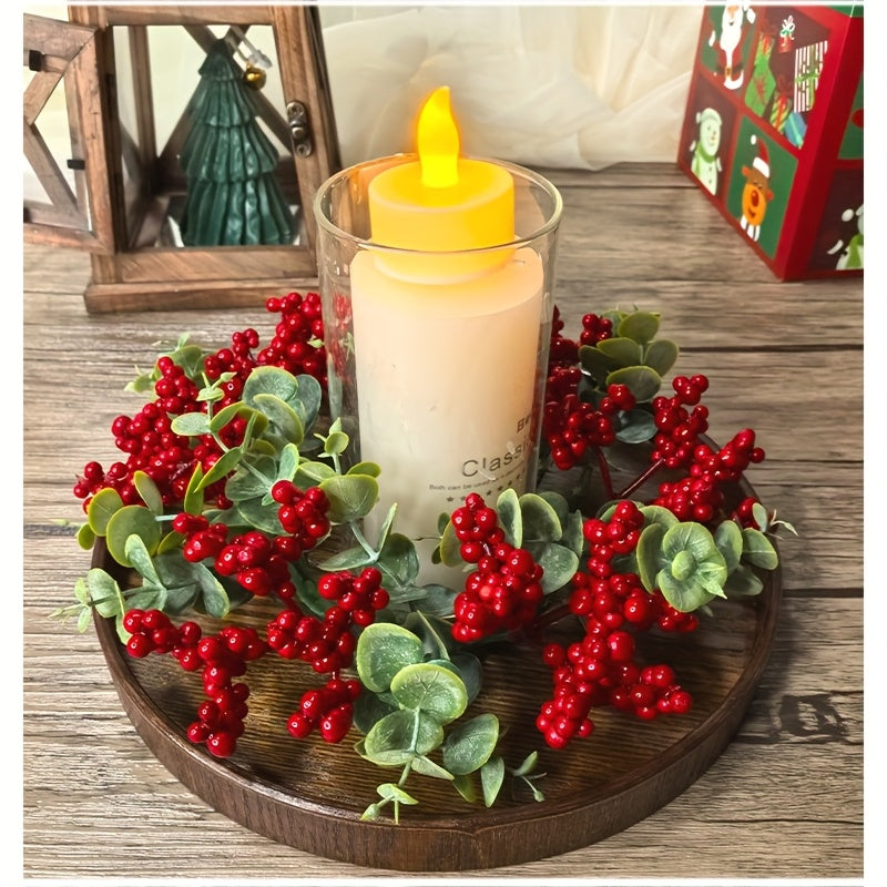 1pc/2pcs Christmas Crafts Ornaments Garland Decor Artificial Eucalyptus Red Berry Candle Rings Home Decoration,Winter Xmas Candles Small Wreath for House Tabletop Wall Door Hanging Decor Fake Silvery Dollar Plant Leaves Candl