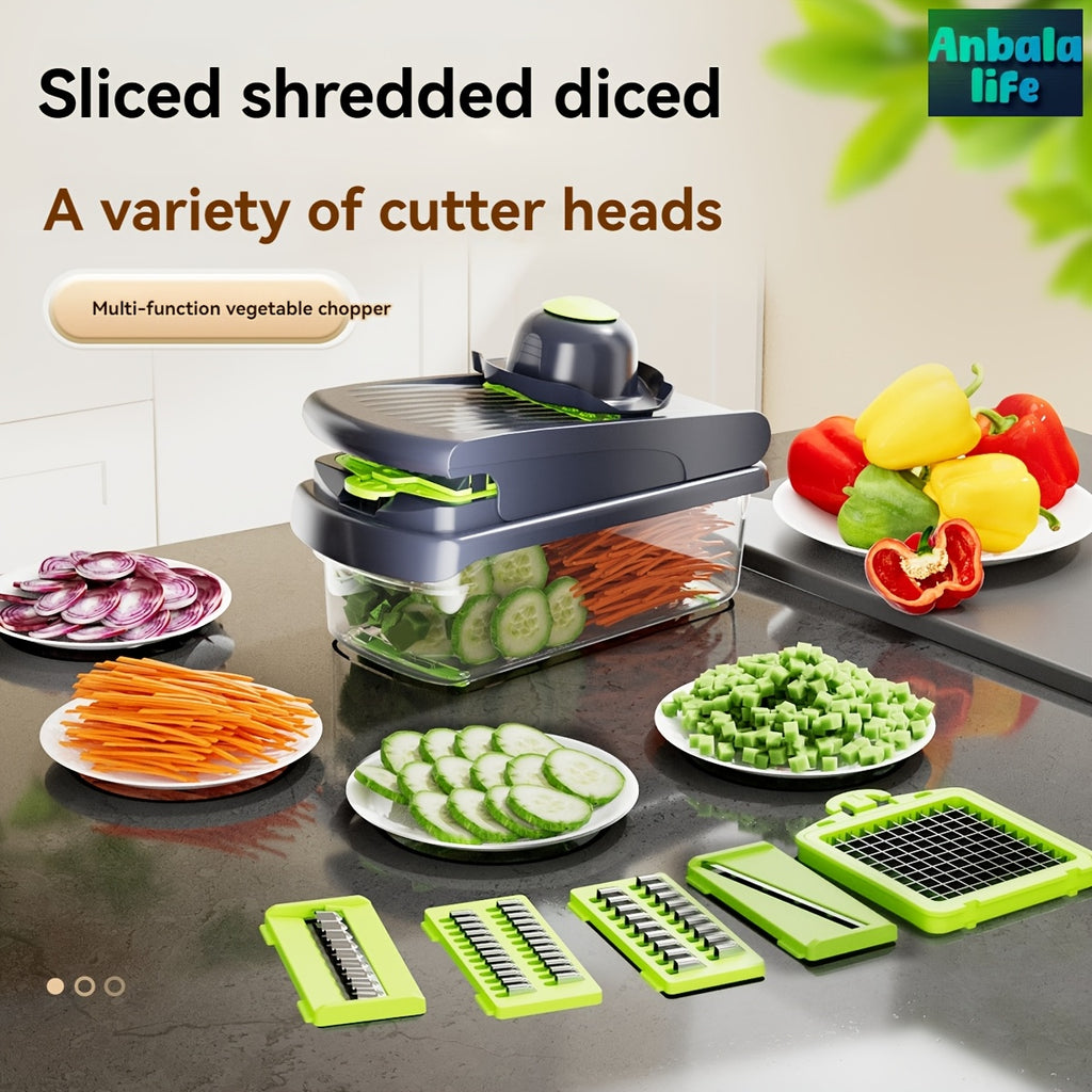 Anbala-14 1-in-1 Vegetable Chopper, Kitchen Gadgets, Vegetable Chopper, Food Chopper, Onion Chopper, Cucumber Slicer, Multifunctional Mandoline, with 7 Blades, Including Egg Separator and Finger Guards, Gray + White, French F