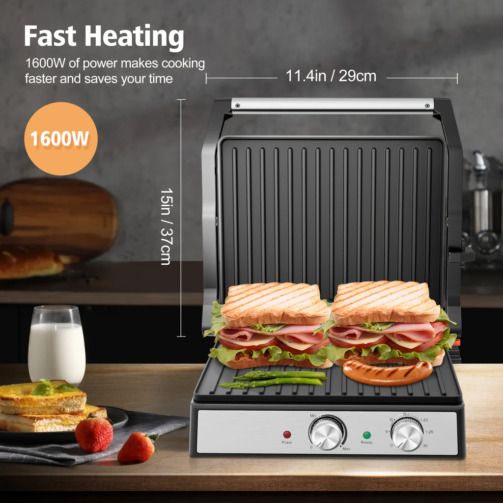1600W Electric Panini Press Grill, 4-Slice Sandwich Maker Suitable for Indoor, Outdoor, Or Camping Use, Featuring Adjustable Temperature And Timer, Non-Stick Plates, And a Removable Drip Tray - Perfect for Bbqs And Pizzas