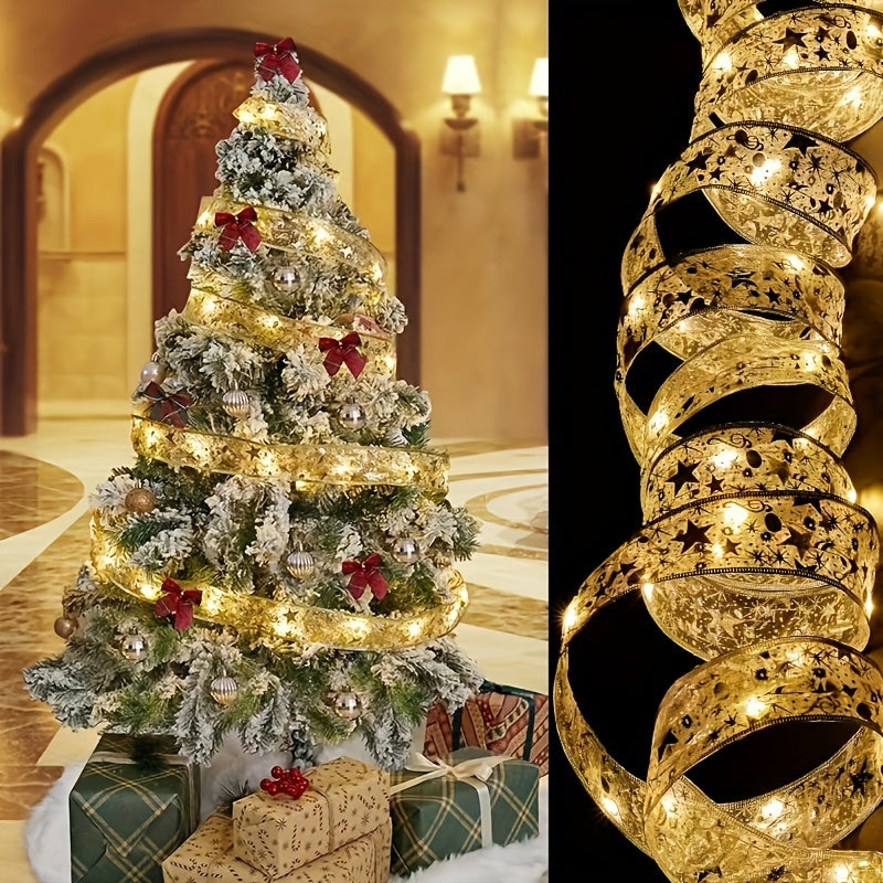 1pc 39.37/118.11/196.85/393.7inch Golden Christmas Ribbon Fairy Lights - Elegant ribbon shaped garland decoration with warm glow ( - Suitable for indoor Christmas trees, stairs, garlands, parties - Durable plastic holiday lig