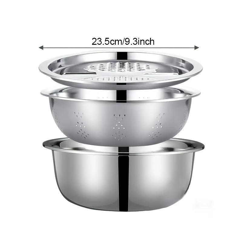 [Stainless Steel Kitchen Set] 3pcs Stainless Steel Kitchen Set with Grinder, Filter and Mixing Bowl - Ideal for Cleaning, Slicing Fruits, Vegetables, and Cheese | Food Safety with Drainage System, Perfect for Home Cooking