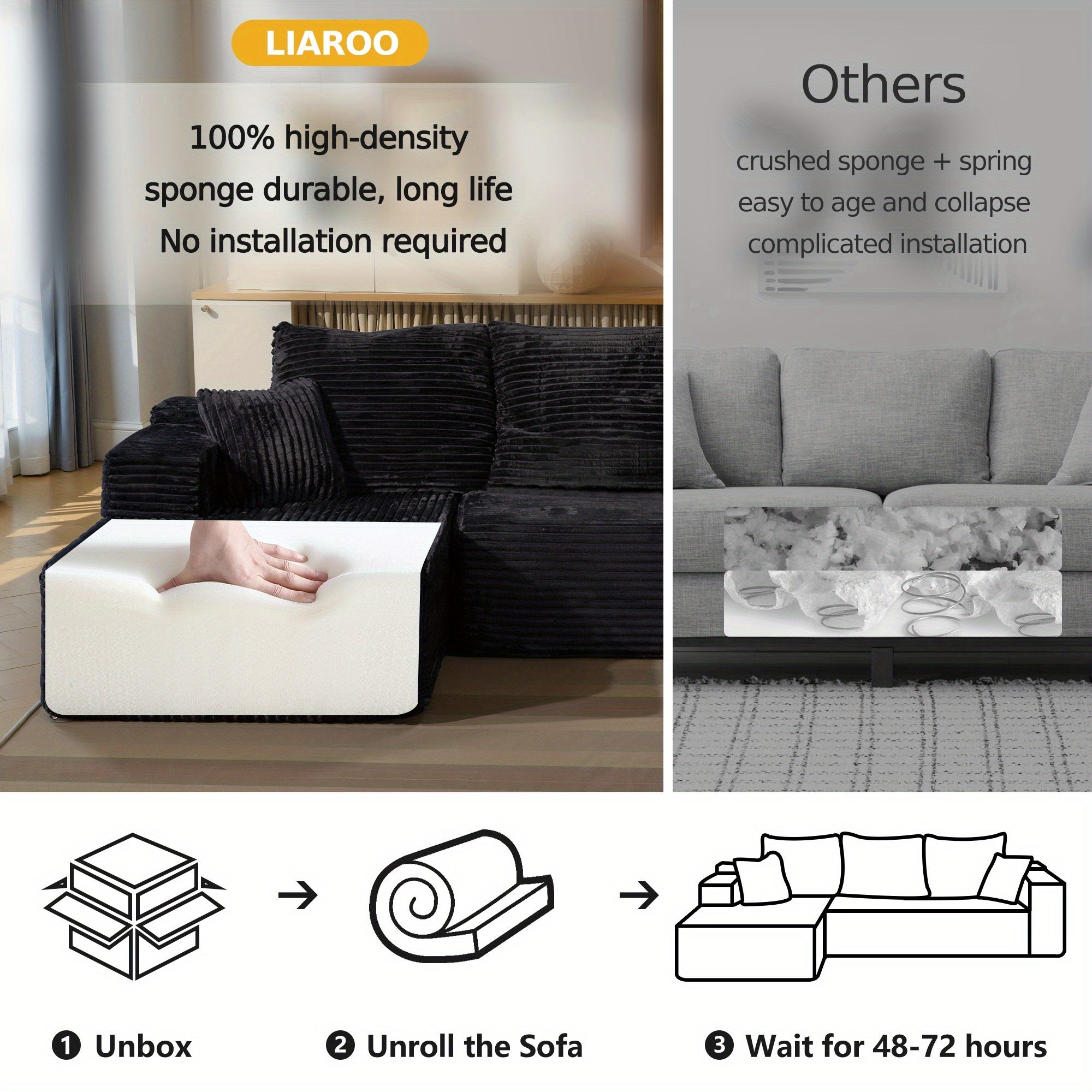 LIAROO Oversized L Shaped Couch With Chaise, Minimalist Compressed Boneless Couch No Assembly Required, Modular Cloud Sectional Sofa For Living Room Bedroom, Right Facing Chaise, Plush Corduroy