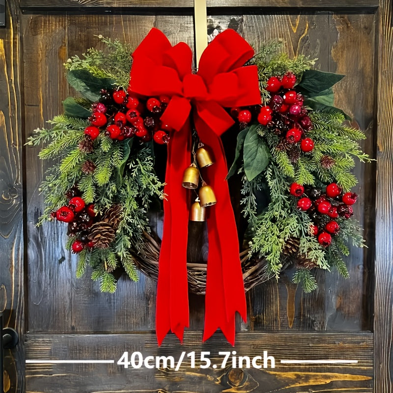 Large Rustic Farmhouse Christmas Wreath with Golden Bells, Red Berries & Pine Cones - Heavy-Duty Plastic /Outdoor Door Hanging Decoration, Burgundy Bow & Green Foliage for Front Door, Mantel, Year-Round Holiday Décor (Golden