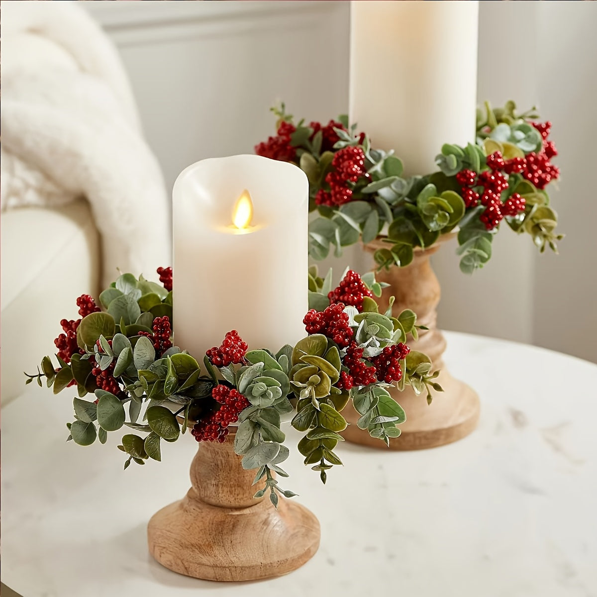 1pc/2pcs Christmas Crafts Ornaments Garland Decor Artificial Eucalyptus Red Berry Candle Rings Home Decoration,Winter Xmas Candles Small Wreath for House Tabletop Wall Door Hanging Decor Fake Silvery Dollar Plant Leaves Candl