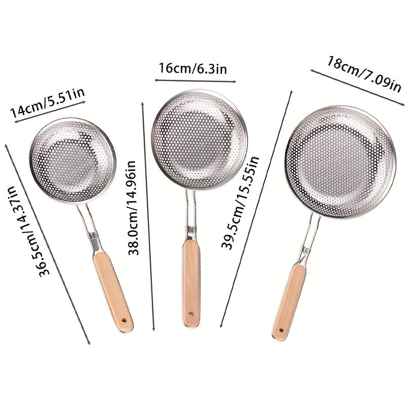 3pcs Stainless Steel Wooden Handle Strainers - Ideal for Frying, Draining, and Serving Pasta & Noodles, Perfect for Food Preparation and Oil Filtering, Food Preparation Essentials | Modern Kitchenware | Durable Kitchen Utensi