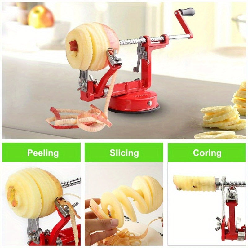 [Heavy-Duty Apple Peeler] Heavy-Duty Apple Peeler & Corer with Stainless Steel Blades - Magnesium Alloy, Ergonomic Handle, Powerful Suction Base for Apples & Potatoes - Red Kitchen Gadget for Effortless Fruit Preparation, App