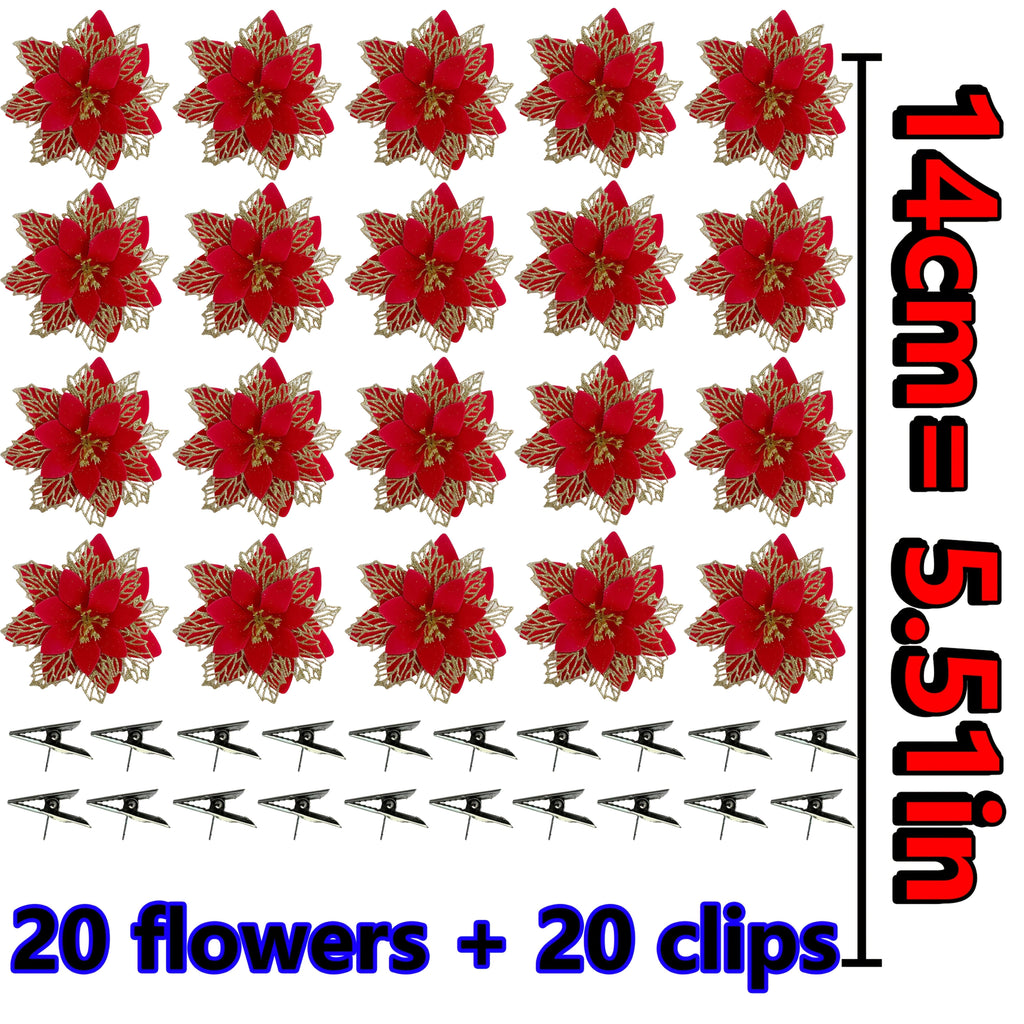 [Christmas] 20pcs/1 Set Christmas Artificial Flowers, 14cm Length with Vibrant Red Petals and Golden Edges, Includes Clips for Easy Installation. Suitable for Tree