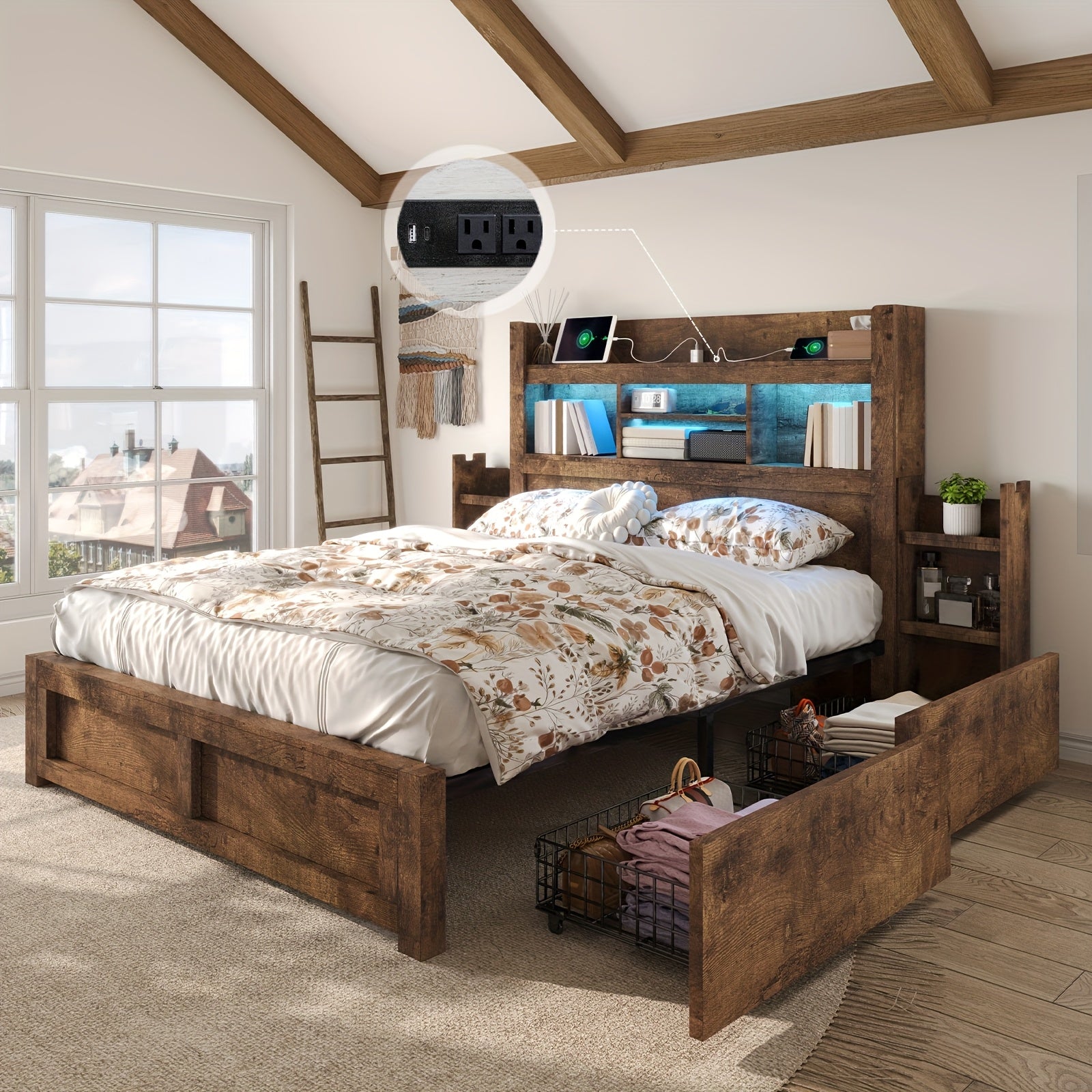 Farmhouse Wooden Bed Frame With 4 Storage Drawers, LED Bed Frame With 49" Tall Bookcase Headboard, Wood Platform Bed With Charging Station & 2 Slide Bedside Shelf
